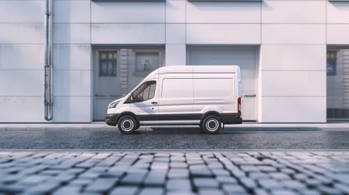 Image of a white commercial van against a backdrop of urban architecture