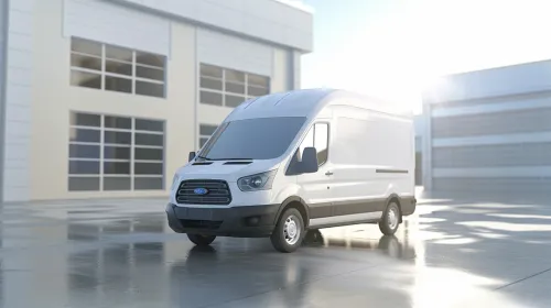 White Ford van against the backdrop of a glass building and bright light