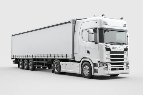 Camión de la marca Scania con un remolque largo sobre fondo neutro