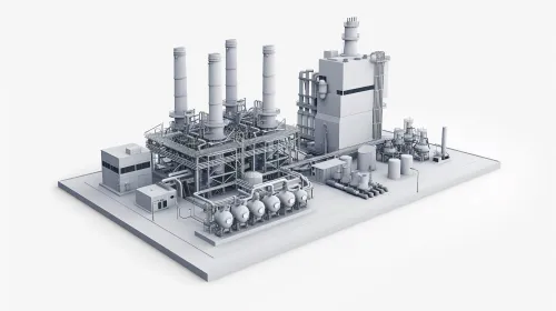 Image of a high-tech factory complex with gas turbines and equipment