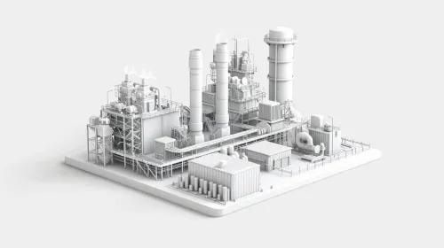 3D model of an industrial complex with pipes and equipment.
