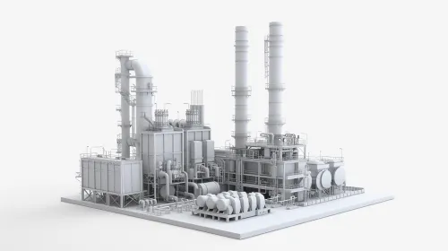 Three-dimensional image of an industrial power plant with pipes and tanks
