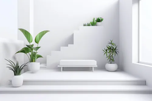 Stylish interior with white walls and models of potted plants