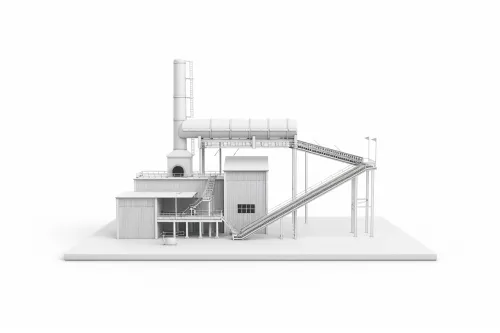 3D модель промышленного здания с вентиляционной трубой и конвейерами
