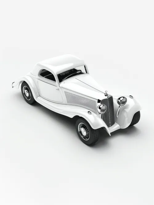 Antiguo coche clásico blanco con formas redondeadas y detalles cromados