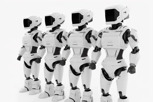 Four humanoid robots with black screens instead of faces
