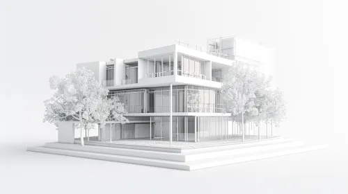 Architectural visualization of a modern building with trees