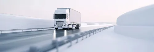 Imagen de un camión moderno moviéndose por una carretera de alta tecnología
