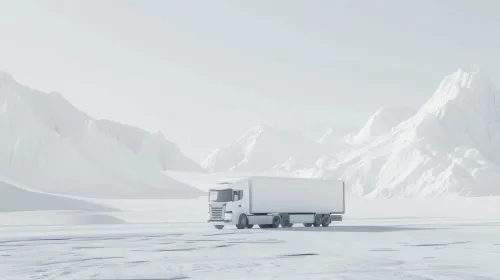 Camión blanco contra un fondo de montañas nevadas y un paisaje helado.