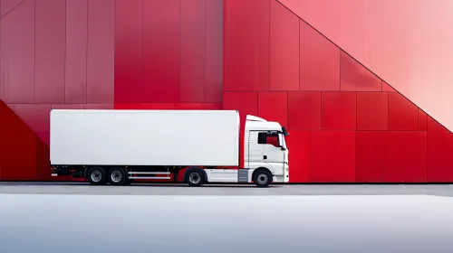 Camión blanco junto a una pared roja intensa en un estilo moderno