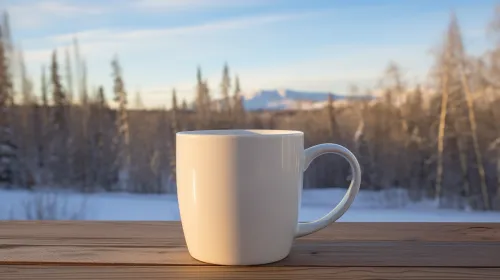 Taza sobre una mesa de madera con un bosque invernal de fondo