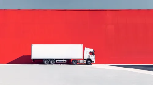 Camión blanco contra una pared roja en un entorno claro