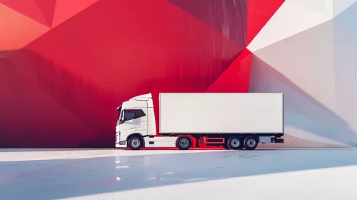 Camión moderno con carrocería blanca frente a una pared roja