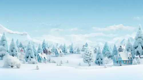 Idyllic winter landscape with cozy houses and snow-covered trees