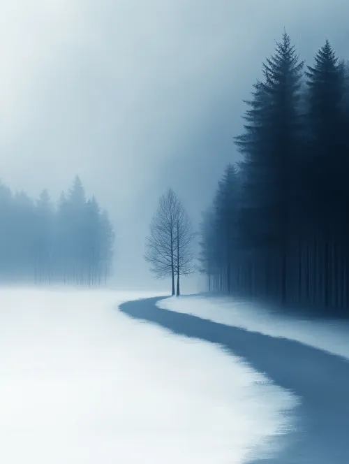Idyllic winter landscape with a solitary tree against the backdrop of a forest