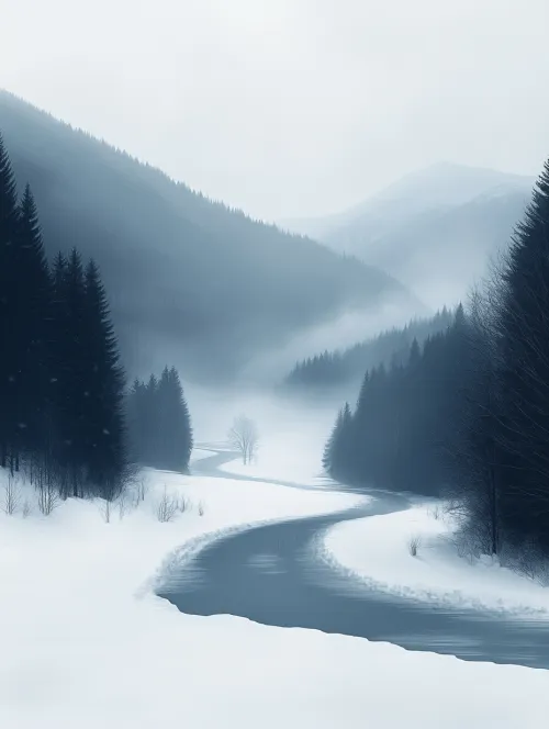 Fairy-tale winter landscape with a river covered in snow and trees