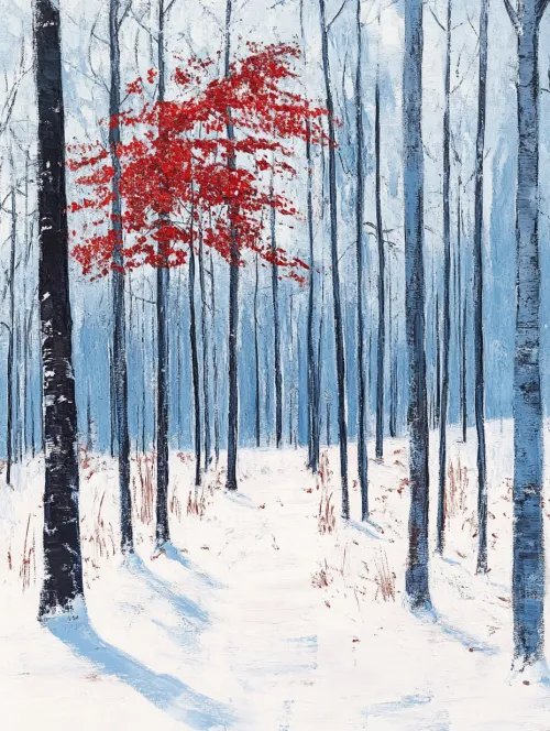 Winter forest with contrasting red foliage amidst white snow and blue trees