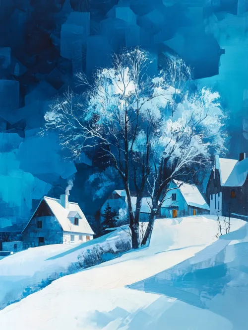 Paisaje nevado invernal con árboles y casas al fondo de la tarde