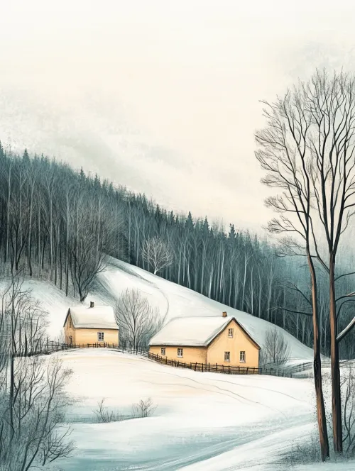 Snowy landscape with yellow houses and bare trees