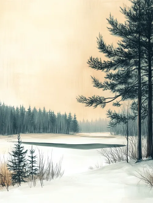 Calm winter landscape with a forest and a frozen river
