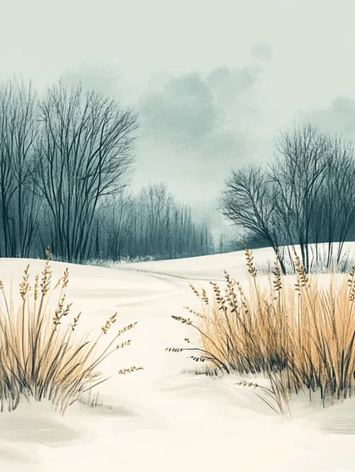 Hermosa escena invernal con hierba seca y árboles de fondo