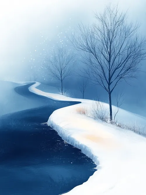 Paisaje invernal con un río y árboles antiguos cubiertos de nieve