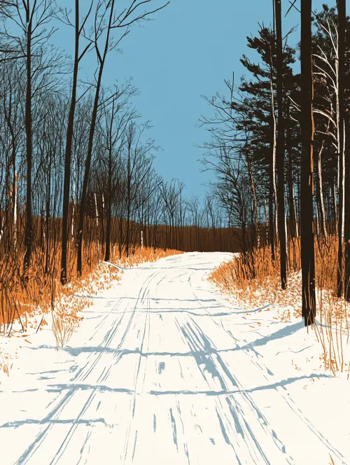 Camino nevado en un bosque invernal con árboles a los lados
