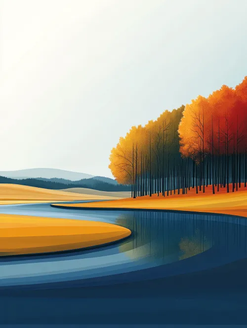 Pintoresco paisaje otoñal con río, árboles y montañas de fondo