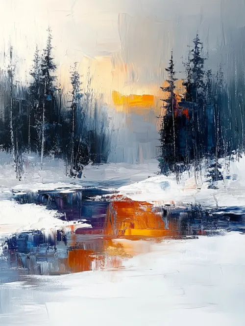 Winter Forest with Snow and Reflection of Orange Sunset in the River