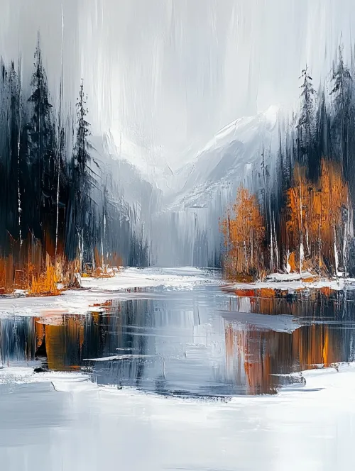 Painting of a winter landscape with the reflection of mountains in the water and winter trees