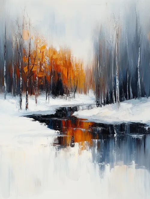 Vista del paisaje invernal con un río y hojas de colores en los árboles