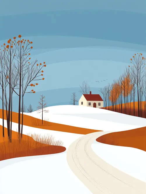 Snowy Landscape with a House and Winter Trees Against the Sky