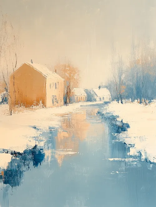 Quiet winter landscape with houses and a river covered in snow
