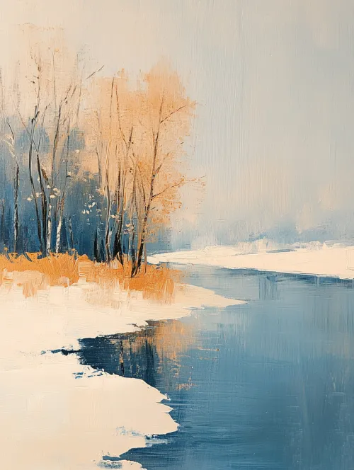 Paisaje invernal con río, árboles y orilla nevada de fondo.