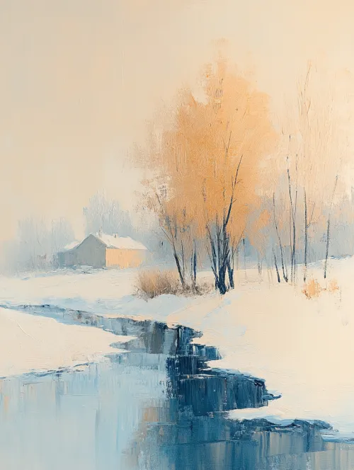 Winter Scene with an Icy River and a House in the Background