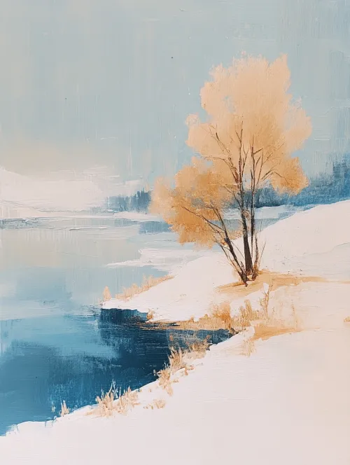 Paisaje invernal con orillas nevadas del río y árboles