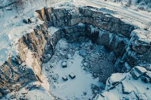 Panoramic view of a winter quarry with sleds and ice chunks