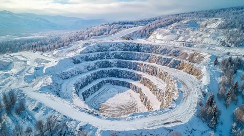 Aerial photograph of a winter quarry with multilayered slopes in a wooded area