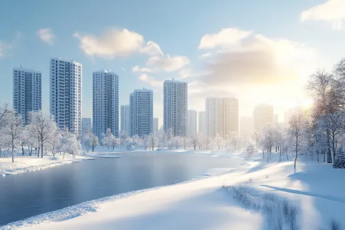 Snowy landscape of a winter city with skyscrapers on the horizon