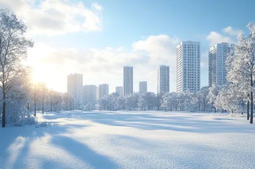 Winter cityscape with high-rise buildings against a sunny sky
