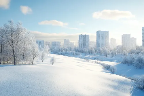 Paisaje urbano nevado con edificios de varios pisos y árboles