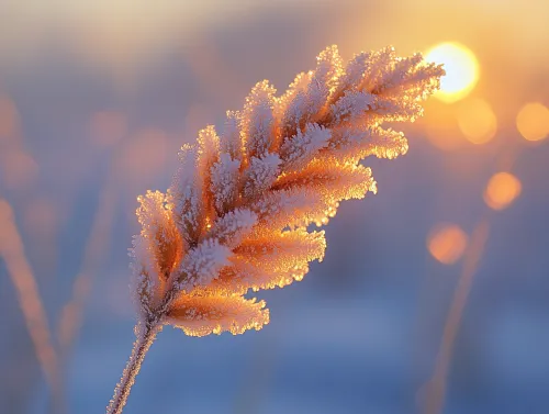 Frosted grass illuminated by bright winter sun