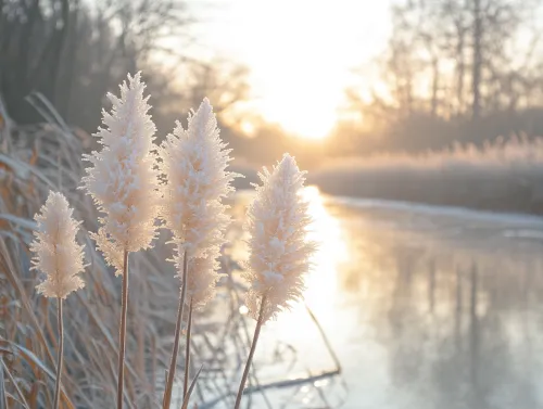 Plantas congeladas contra el fondo del frío sol de invierno en la mañana