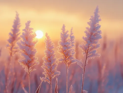 Snow-covered grasses against the backdrop of a winter sunrise