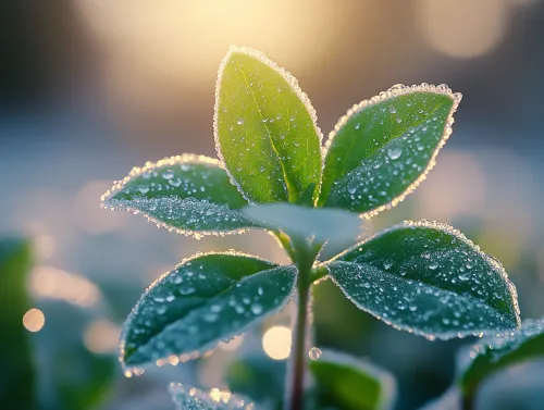 Close-up of plant leaves with dew drops and blurred light