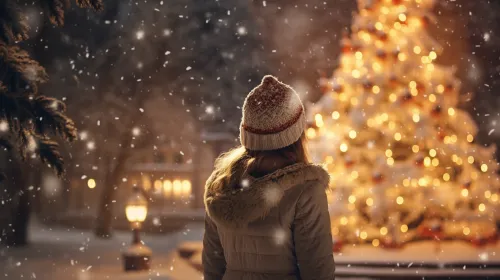Girl in winter clothes against the backdrop of a Christmas tree