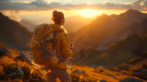 Hiker with a backpack enjoying the sunset in a mountainous landscape