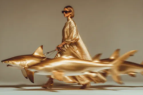 A model in a golden outfit leads golden sharks on a leash