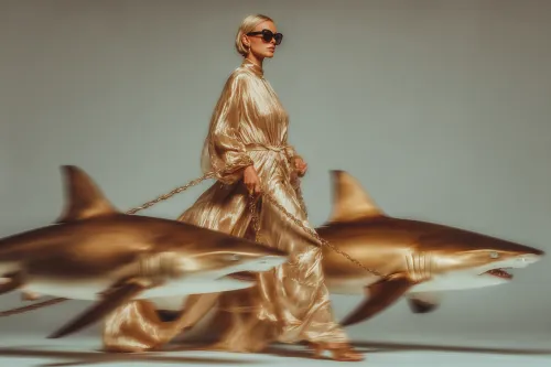 Woman in a golden dress leading two sharks on a leash