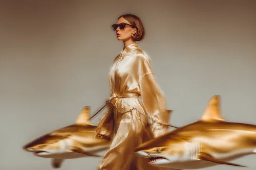 A girl in a golden robe leading two plastic sharks on a leash